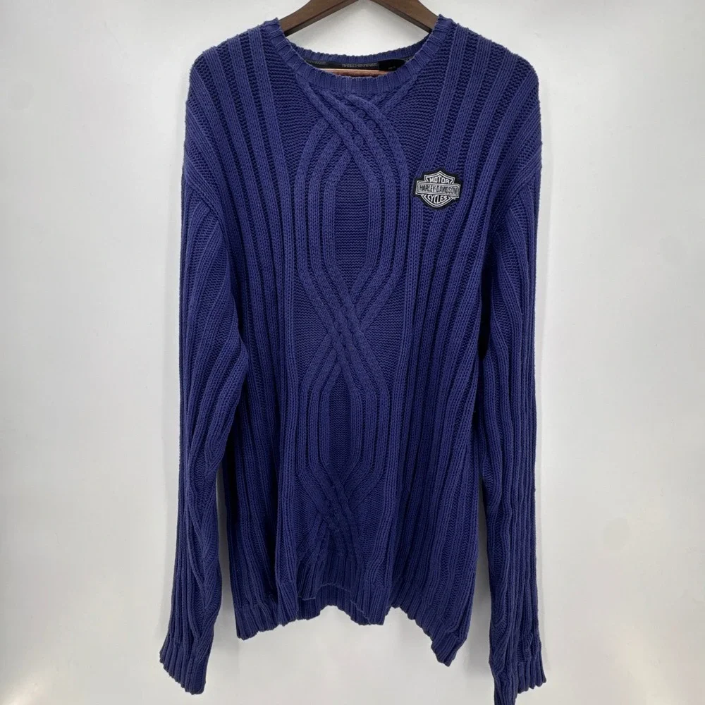 Harley-Davidson Mens XXL Navy Cable Knit‎ Cotton Crew Neck Sweater Logo Patch